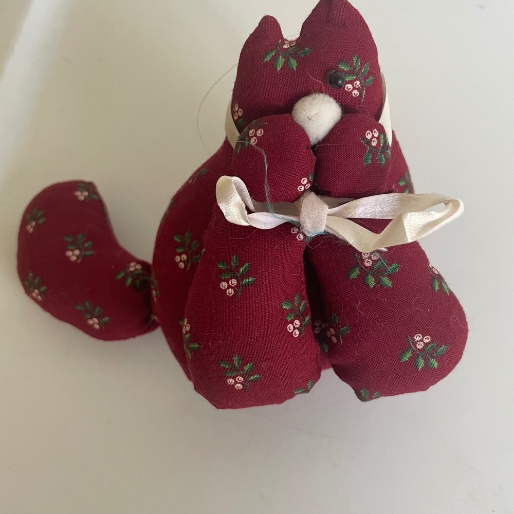 Vtg Stuffed Fabric Kitty Cat Burgundy Floral Ornament Small Mini 90s Gift Retro